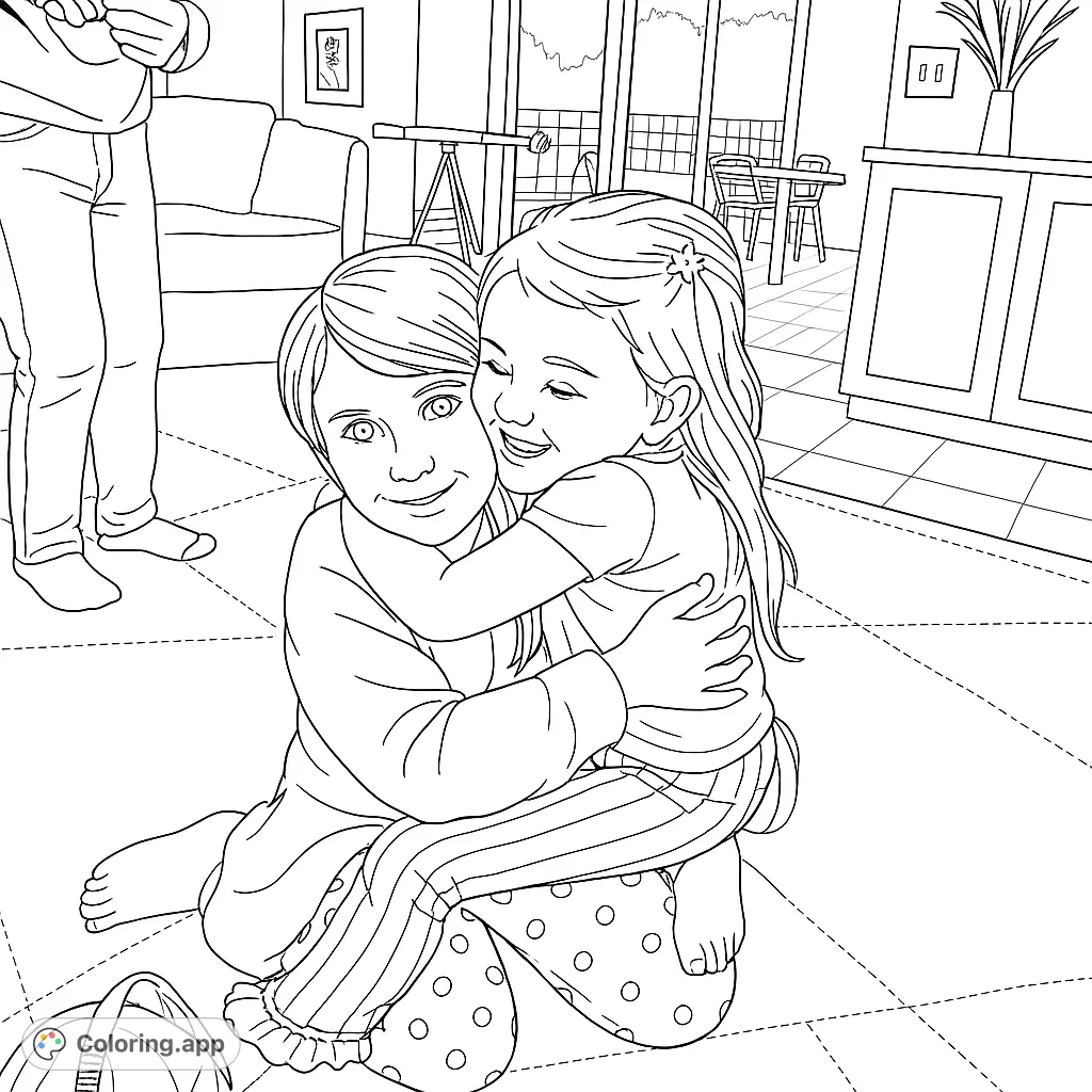 Capture the warmth of a sibling hug in this heartwarming family bonding coloring page. Perfect for all ages to express love and creativity.