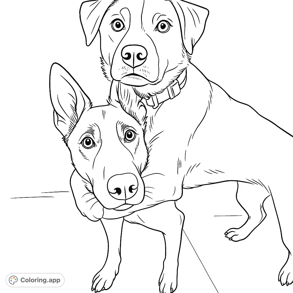 An adorable free printable dog coloring page featuring two loyal canine companions embracing, perfect for pet lovers of all ages.