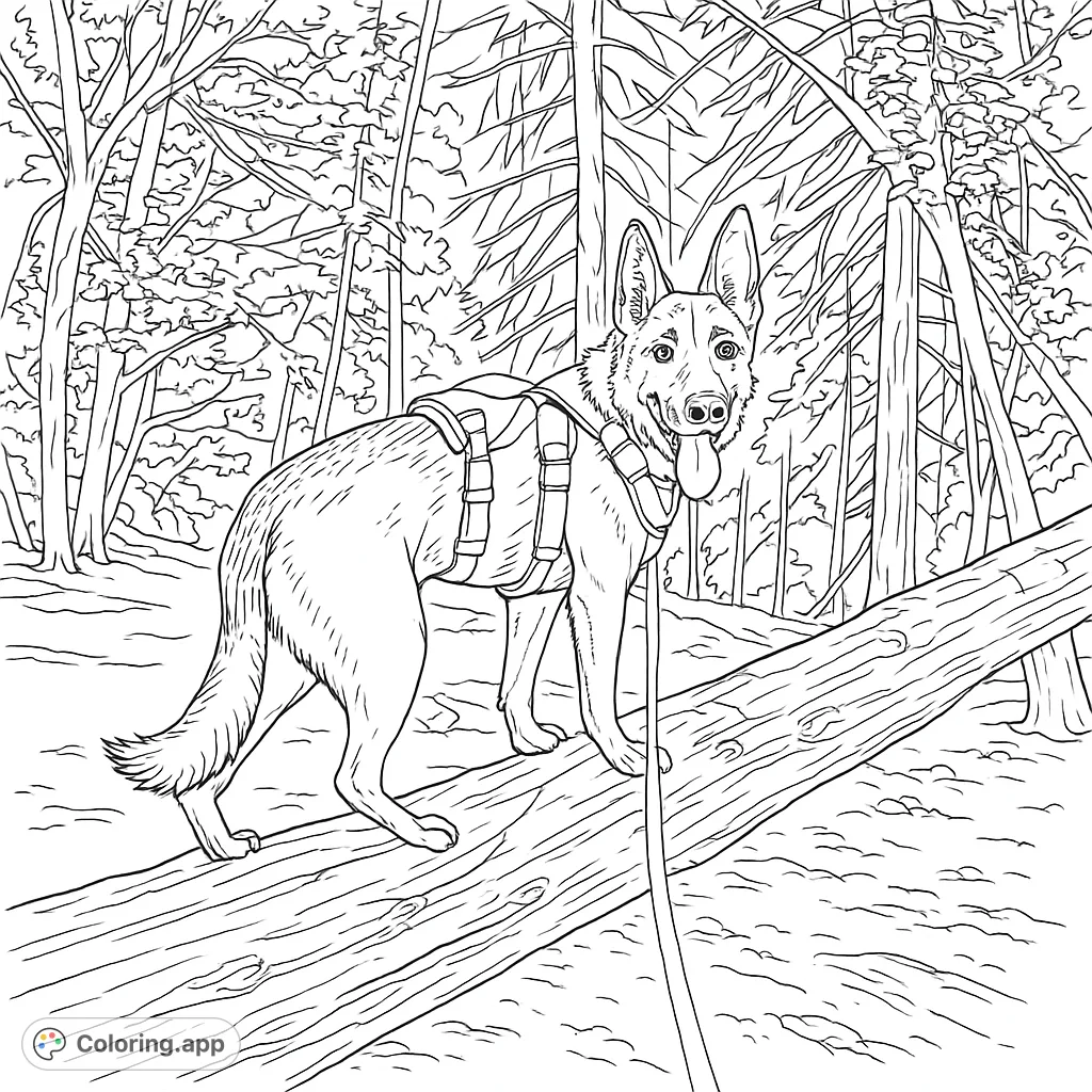 A loyal German Shepherd dog in a harness stands on a fallen log in a dense forest. Perfect for nature and animal lovers!