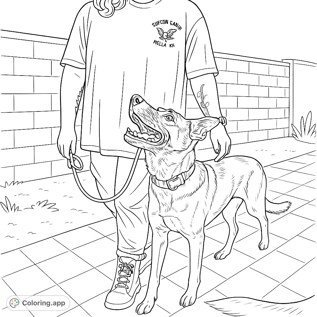 A heartwarming free printable dog walking coloring page featuring a person petting their happy canine companion on a tiled path, perfect for pet lovers.