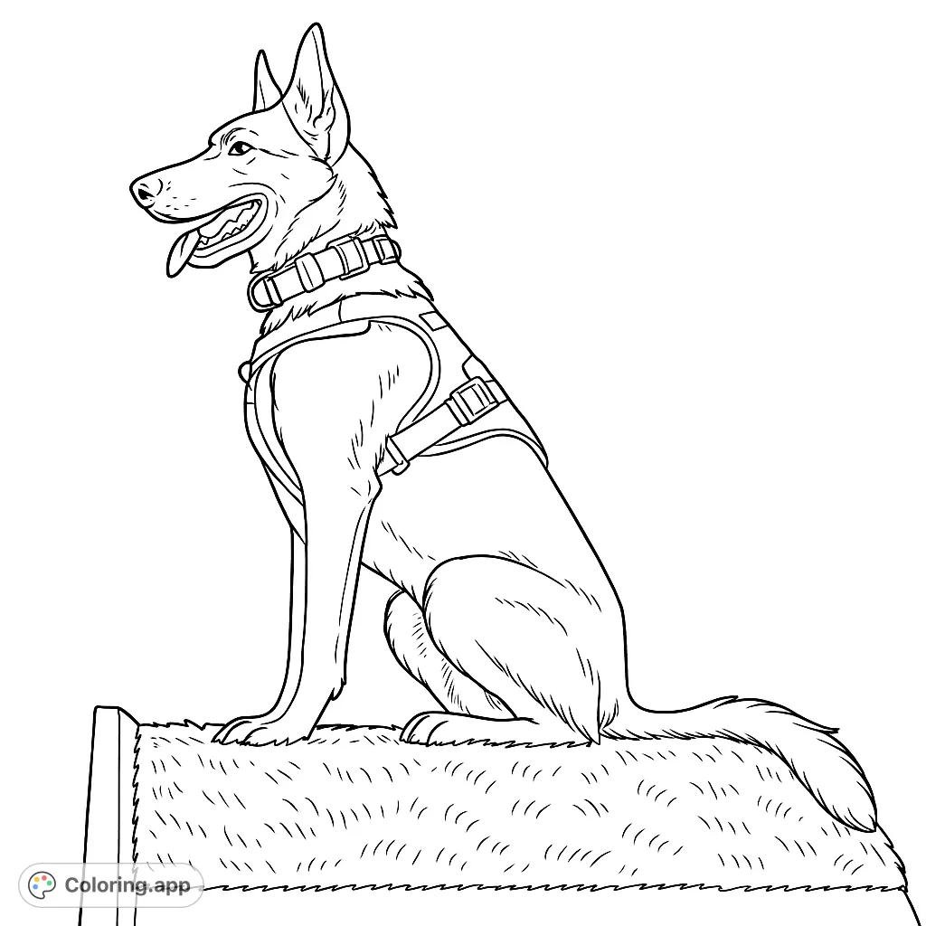 A loyal German Shepherd dog sits attentively, wearing a collar and harness, ready for adventure. A detailed free printable dog coloring page for all ages.