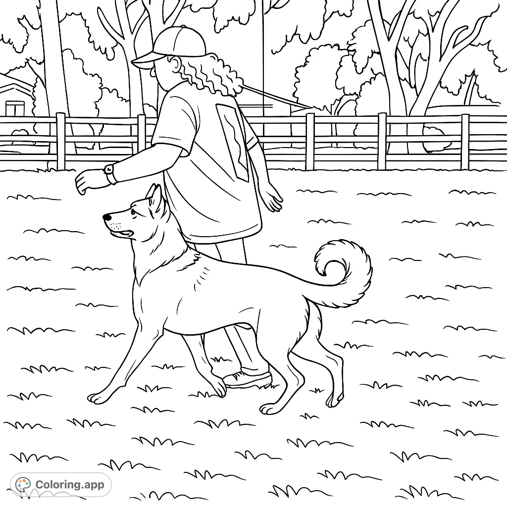 A delightful free printable coloring page featuring a person walking their loyal dog in a park setting, perfect for pet lovers and outdoor enthusiasts.