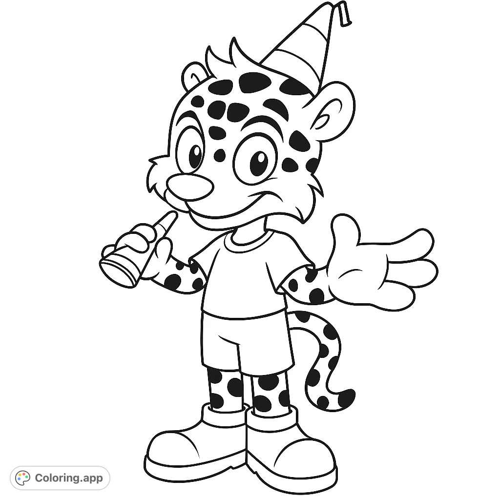 A cute cartoon leopard in a party hat blows a noisemaker, ready to celebrate! Perfect for a fun, free printable animal coloring page.