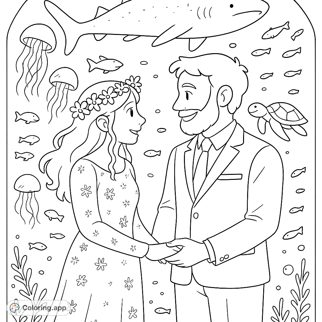 A charming couple holds hands in an underwater aquarium, surrounded by a shark, jellyfish, and fish. A unique marine wedding scene.