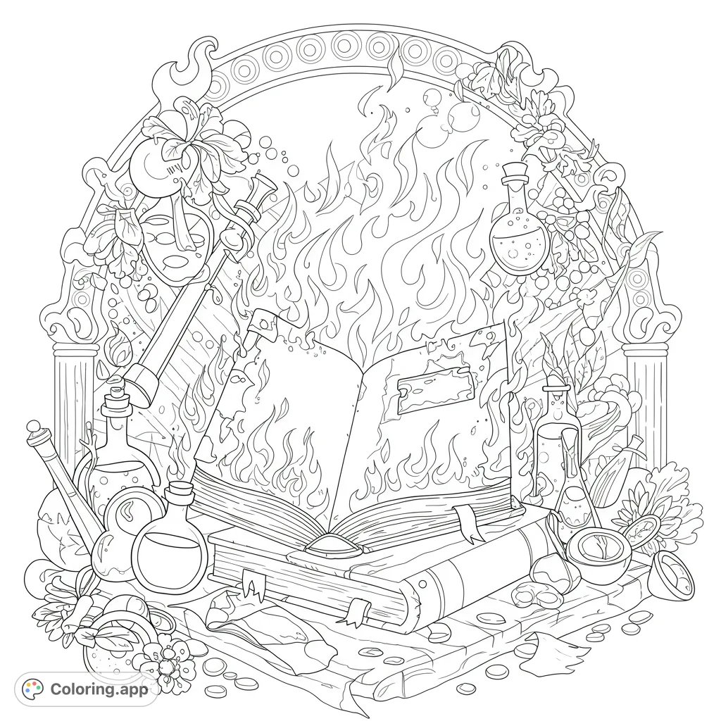 An intricate magic book coloring page featuring a burning spellbook surrounded by alchemical potions, mystical herbs, and ancient artifacts within an ornate frame.