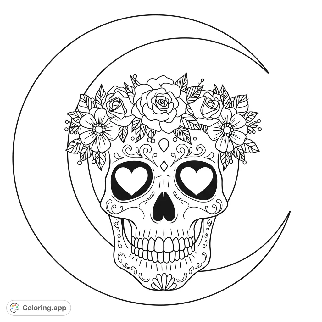 An intricate sugar skull adorned with a beautiful floral crown and heart eyes, set against a crescent moon. A free printable Day of the Dead coloring page.