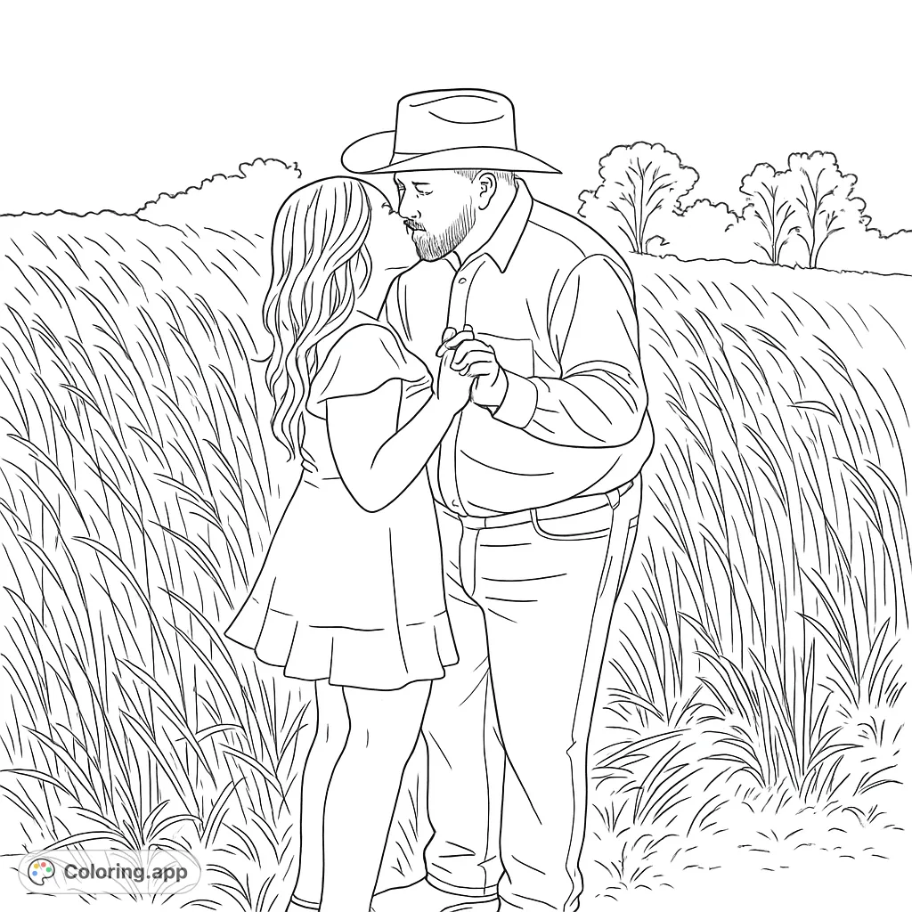 A romantic country romance coloring page featuring a couple kissing in a tall grassy field. Perfect free printable coloring page for adults and teens.