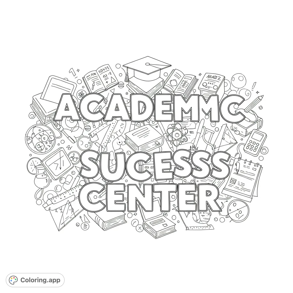 A detailed academic success coloring page featuring a graduation cap, books, and scientific tools, perfect for students and educators.