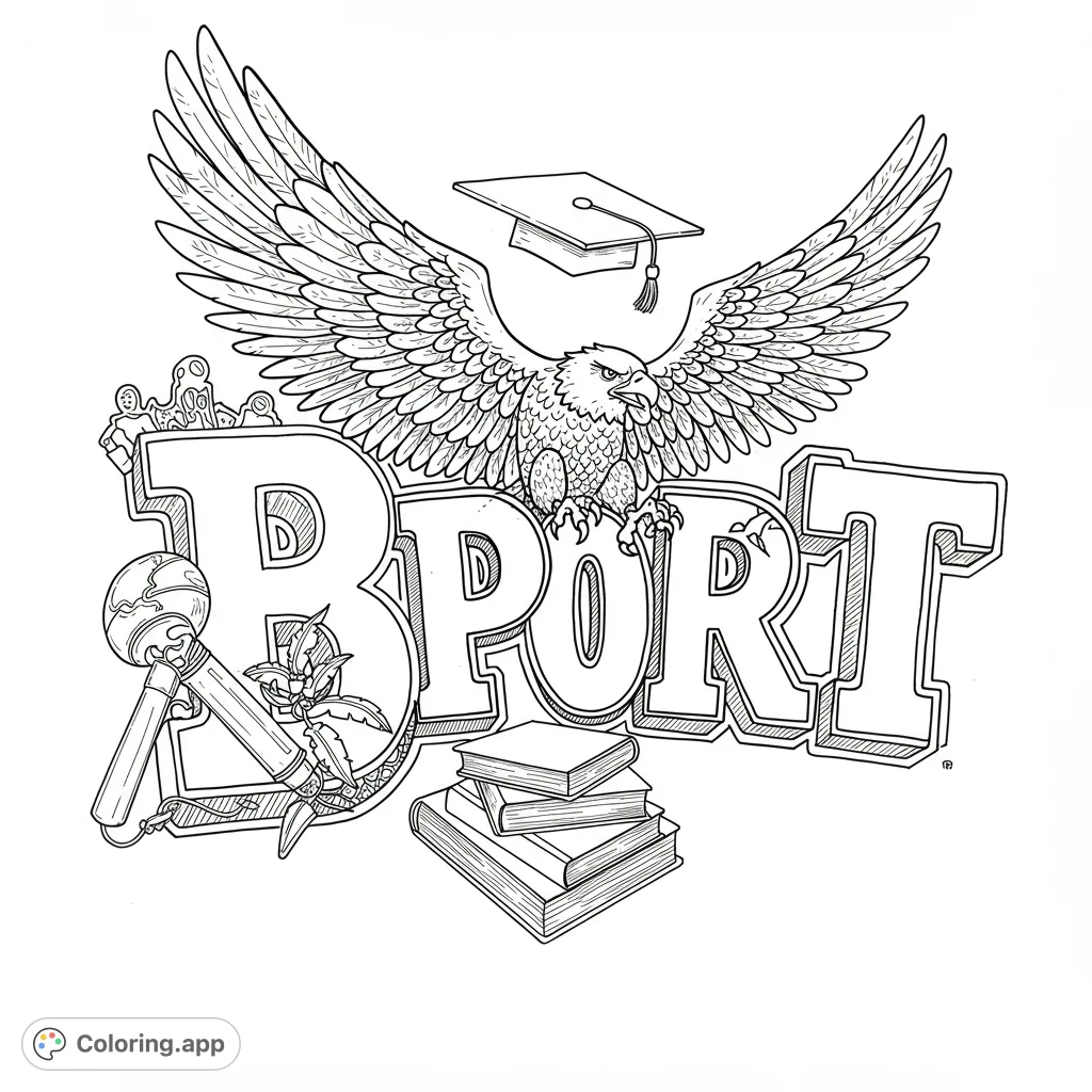 Dynamic BPORT design with a majestic eagle, graduation cap, microphone, and books, perfect for celebrating academic achievement and success.