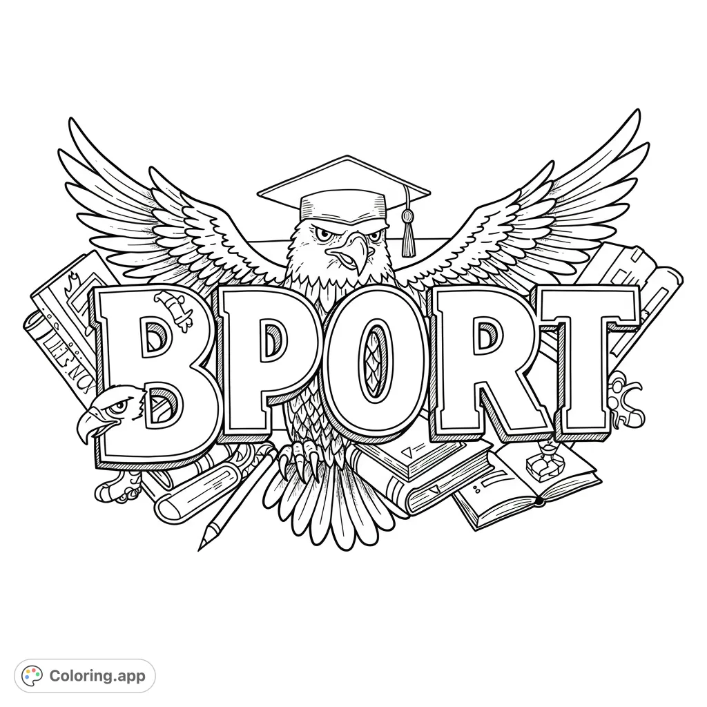 A proud eagle in a graduation cap with spread wings, surrounded by academic books and scrolls, centered behind bold 'BPORT' letters. Perfect for school spirit.