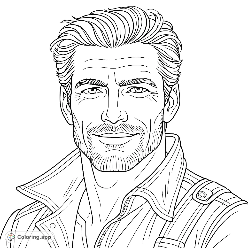 A captivating portrait of a handsome man with a friendly smile, perfect for a relaxing coloring experience. Features detailed hair, beard, and classic attire.