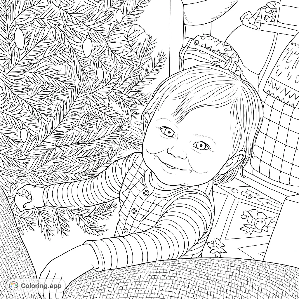 A delightful Christmas baby coloring page, perfect for free printable holiday fun. Features a smiling toddler by a festive tree, great for kids and adults.
