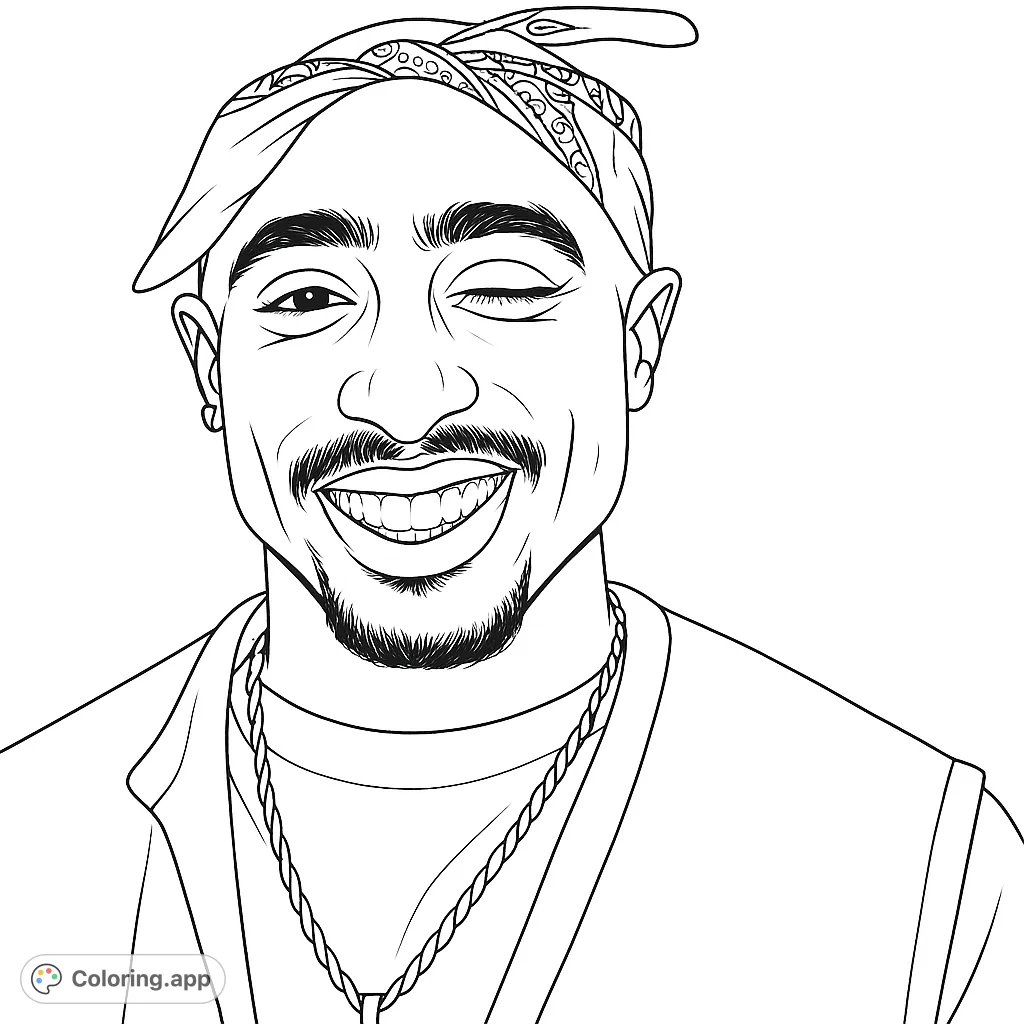 A cool winking portrait of a man with a bandana and braided necklace, perfect for a free printable coloring page. Great for adults and teens.