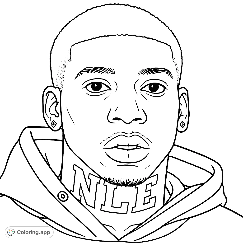 A striking portrait of a young man with a distinctive neck design and hoodie, perfect for a free printable portrait coloring page for all ages.