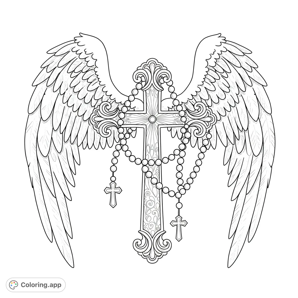 An intricate religious coloring page featuring an ornate cross with majestic angel wings and draped rosary beads. Perfect for spiritual reflection.