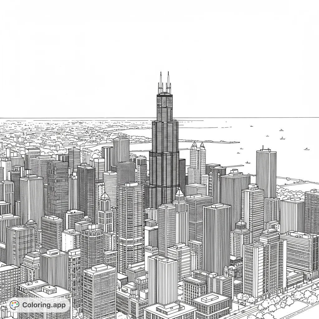 Explore a detailed Chicago cityscape coloring page featuring the iconic Willis Tower, surrounded by intricate buildings and Lake Michigan. Free printable.