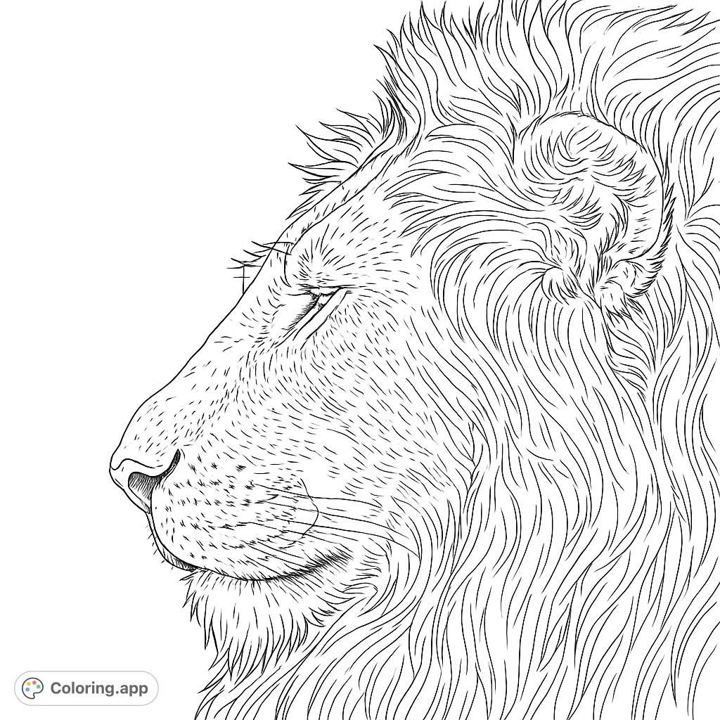 A serene lion's head in profile, featuring a majestic mane and detailed fur textures, perfect for a captivating animal coloring page.