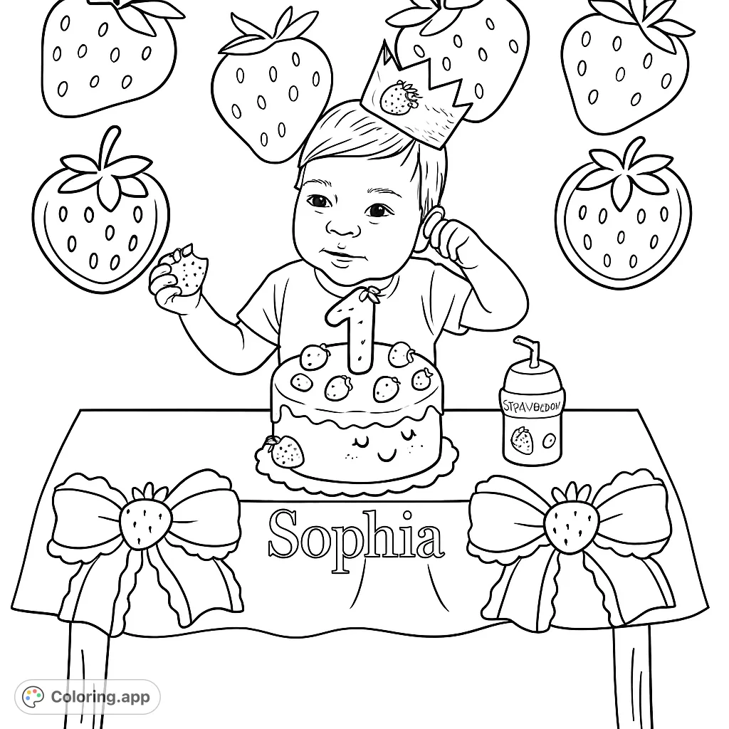 Celebrate a baby's first birthday with this adorable strawberry-themed coloring page, featuring a baby, cake, and sweet fruit.
