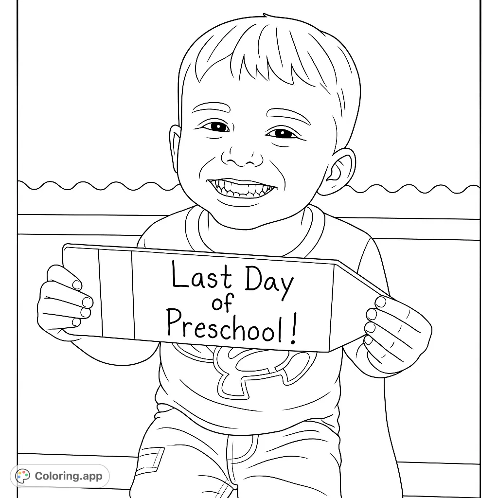 A joyful child holds a large, blank crayon-shaped sign, celebrating a school milestone. A free printable school coloring page for kids and adults.