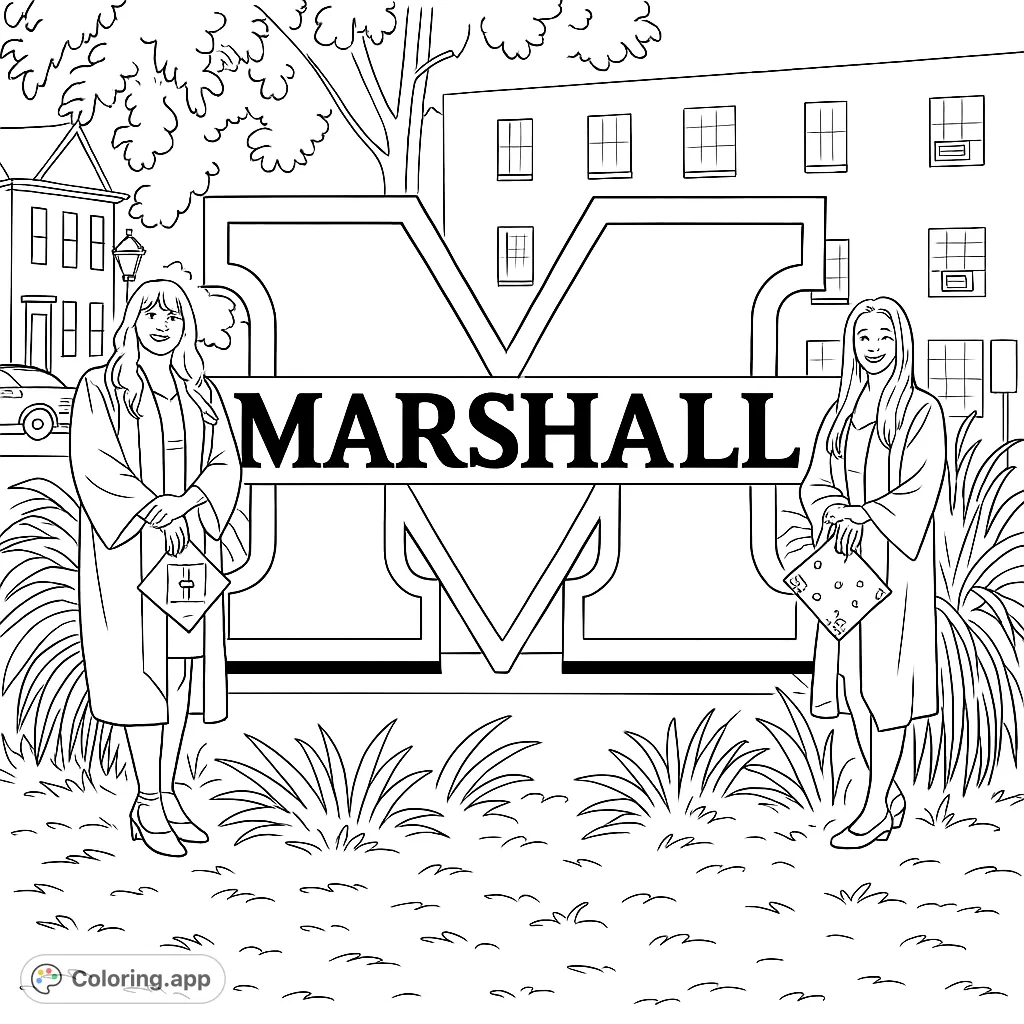 Celebrate achievement with this Marshall University graduation coloring page! Two graduates pose by the iconic 'M' logo, ready for vibrant colors.