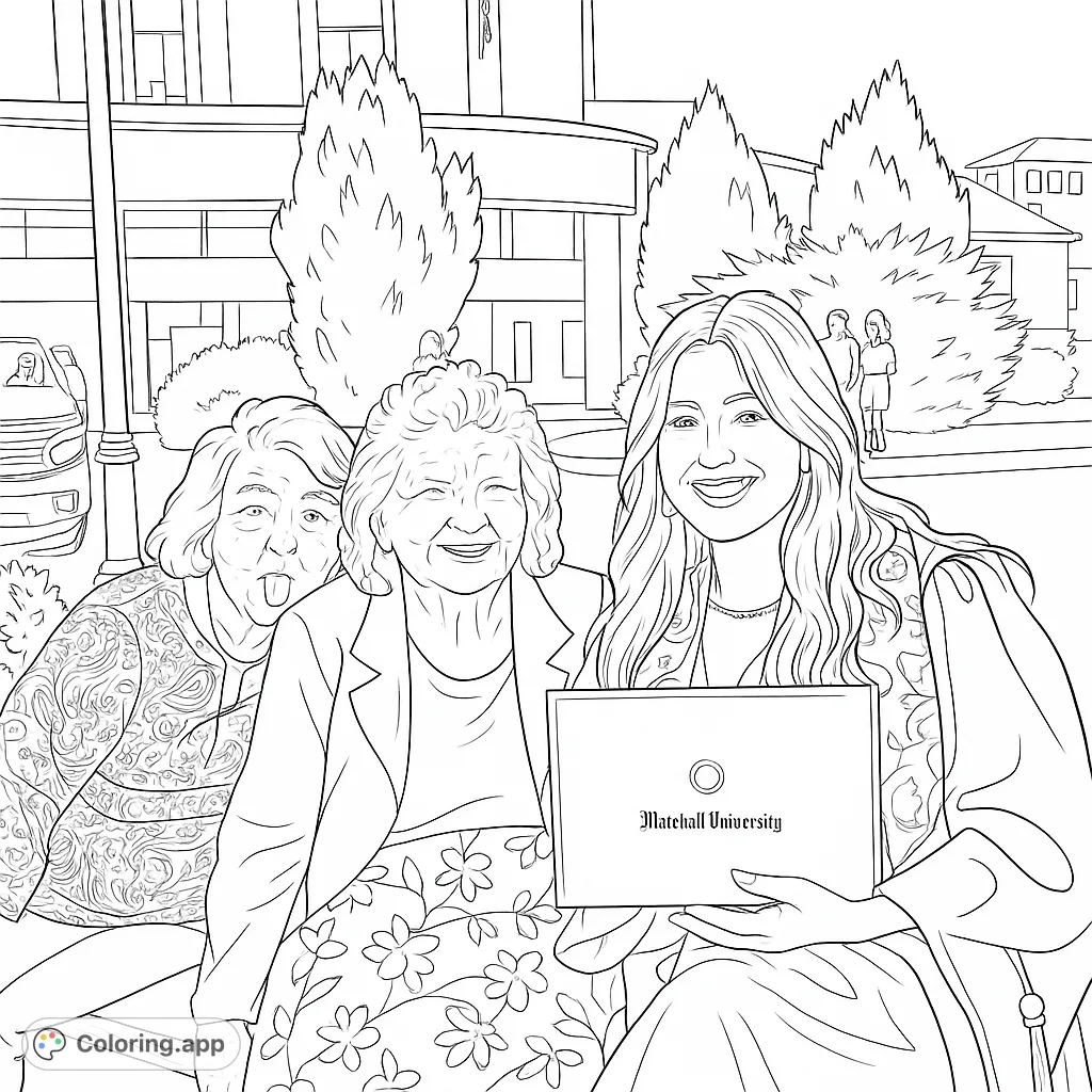 Celebrate a joyful graduation with family! A graduate holds her diploma, flanked by two proud, smiling women. A heartwarming free printable coloring page.