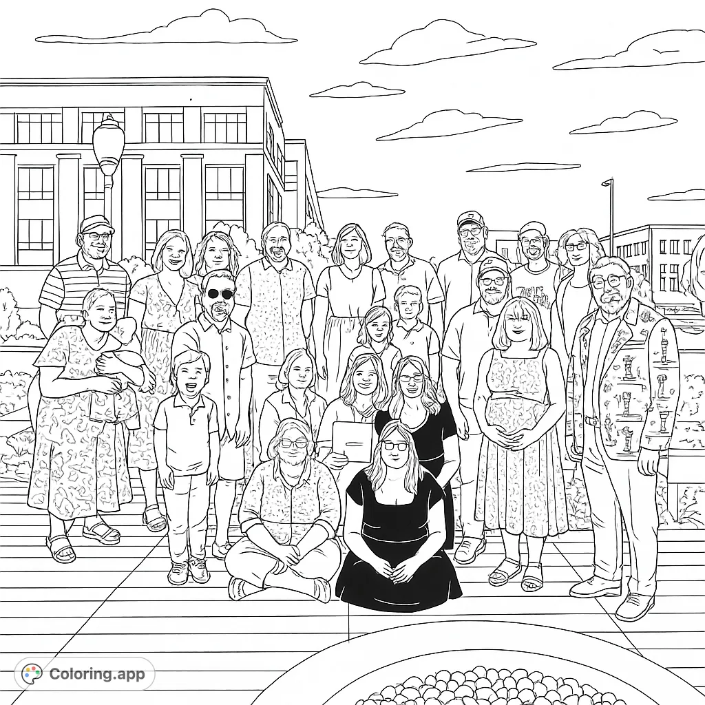 A vibrant group of diverse individuals, including families and friends, gathered outdoors in a lively urban setting, perfect for a community coloring page.