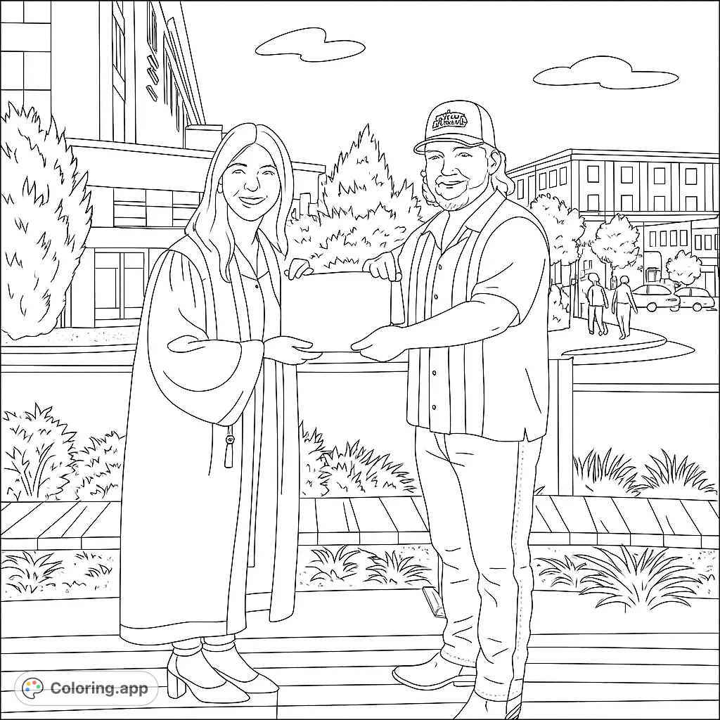Celebrate achievement with this graduation coloring page featuring a student receiving a diploma, set against a detailed campus backdrop. Perfect for all ages!