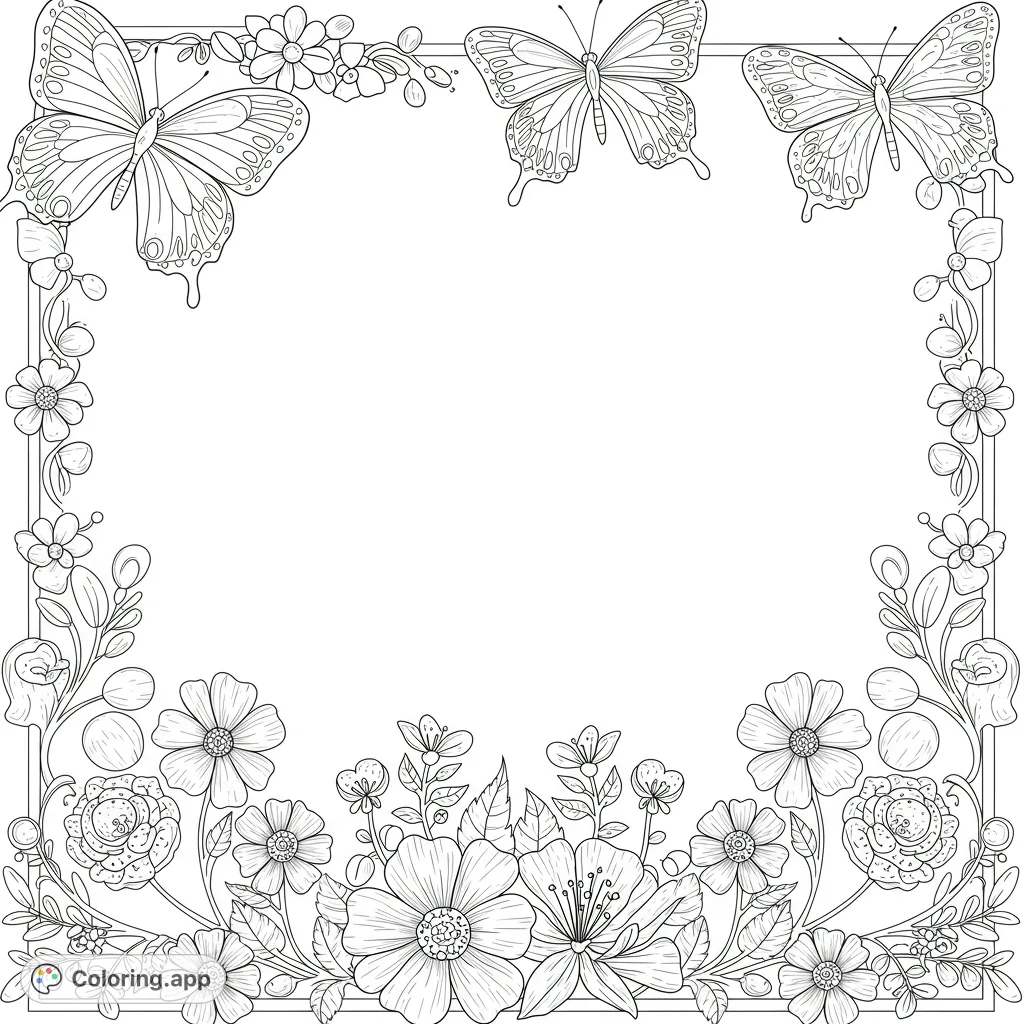 A beautiful butterfly floral frame coloring page, perfect for nature lovers. Features intricate butterflies and blooming flowers, offering a delightful free printable coloring page for all ages.