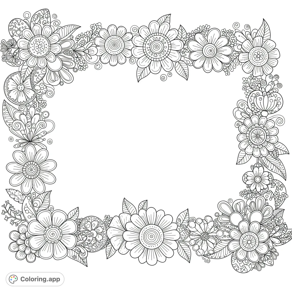 An intricate floral frame coloring page featuring diverse flowers and leaves, perfect for relaxation and creative expression. Free printable.
