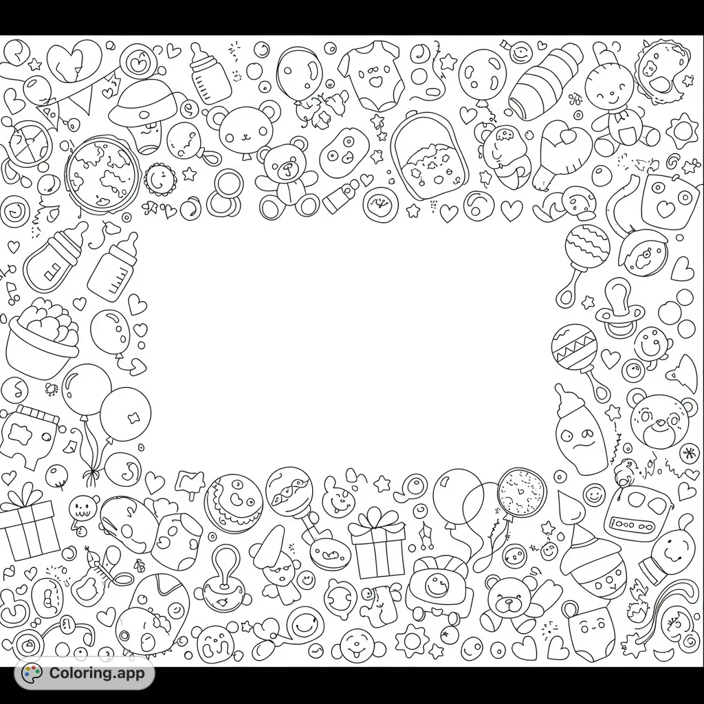 A delightful baby shower coloring page featuring a charming border of baby items like bottles, bears, and rattles, perfect for celebrations.