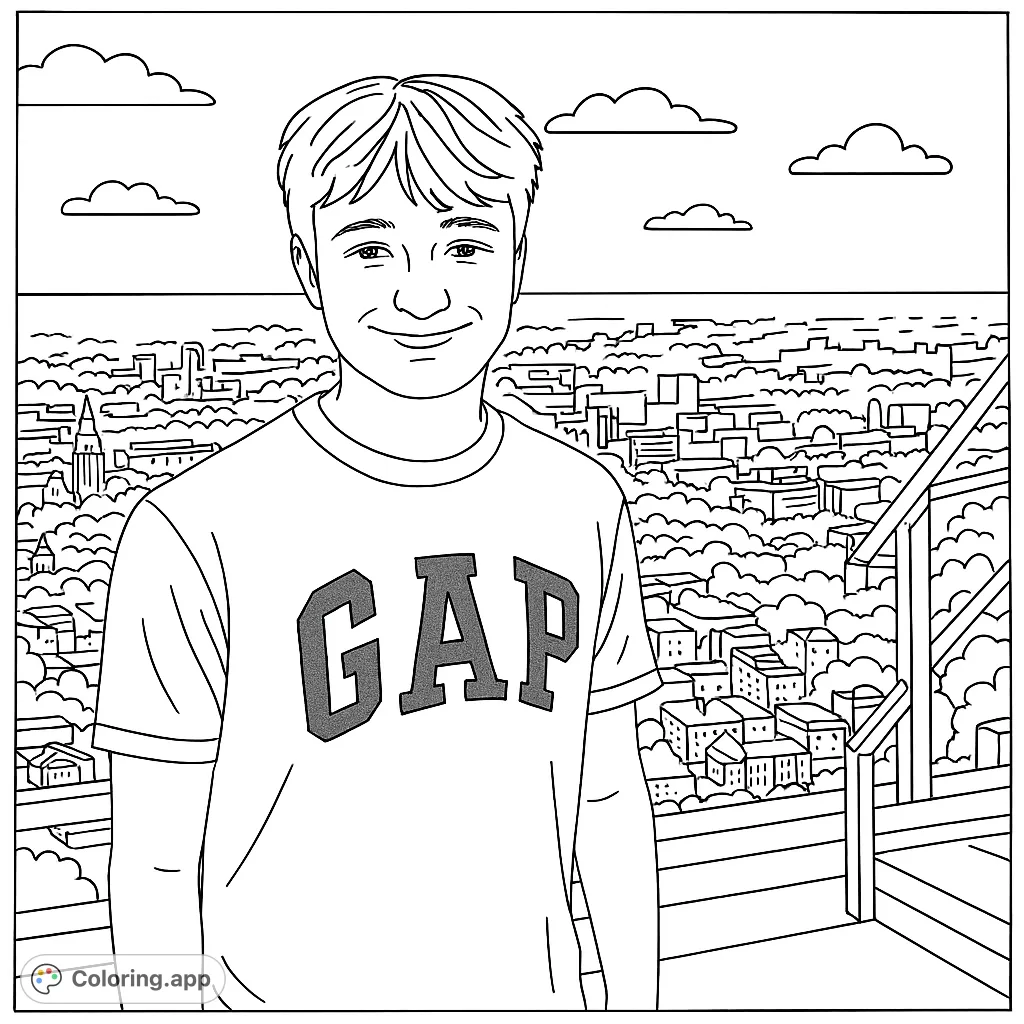 A smiling young man overlooks a detailed cityscape from a high vantage point. A free printable urban skyline coloring page for all ages.