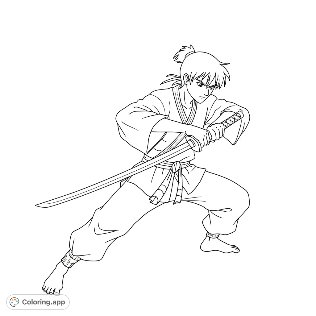 Unleash your creativity with this dynamic martial artist coloring page. A focused warrior in a powerful katana stance, ready for action. Free printable for all ages!
