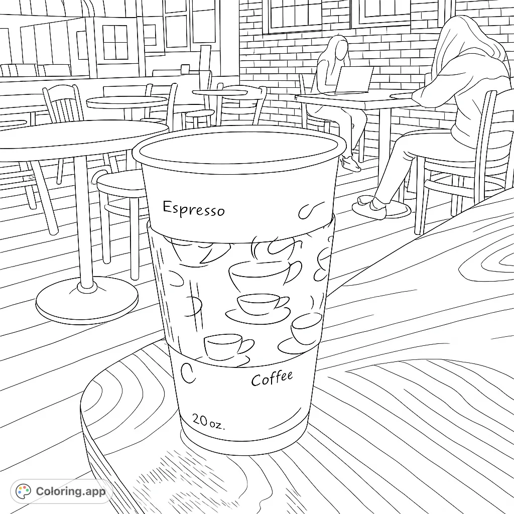 A detailed cafe scene featuring a prominent coffee cup on a wooden table, with distant patrons and brick walls. Perfect for relaxation.