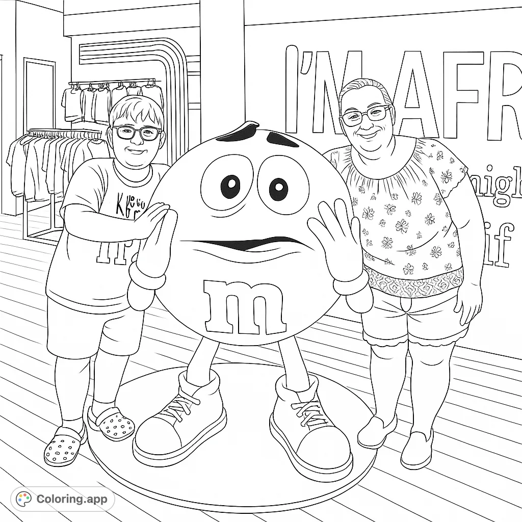 Two smiling people pose with a friendly M&M character statue in a store, ready for a fun coloring adventure. A sweet, free printable coloring page.