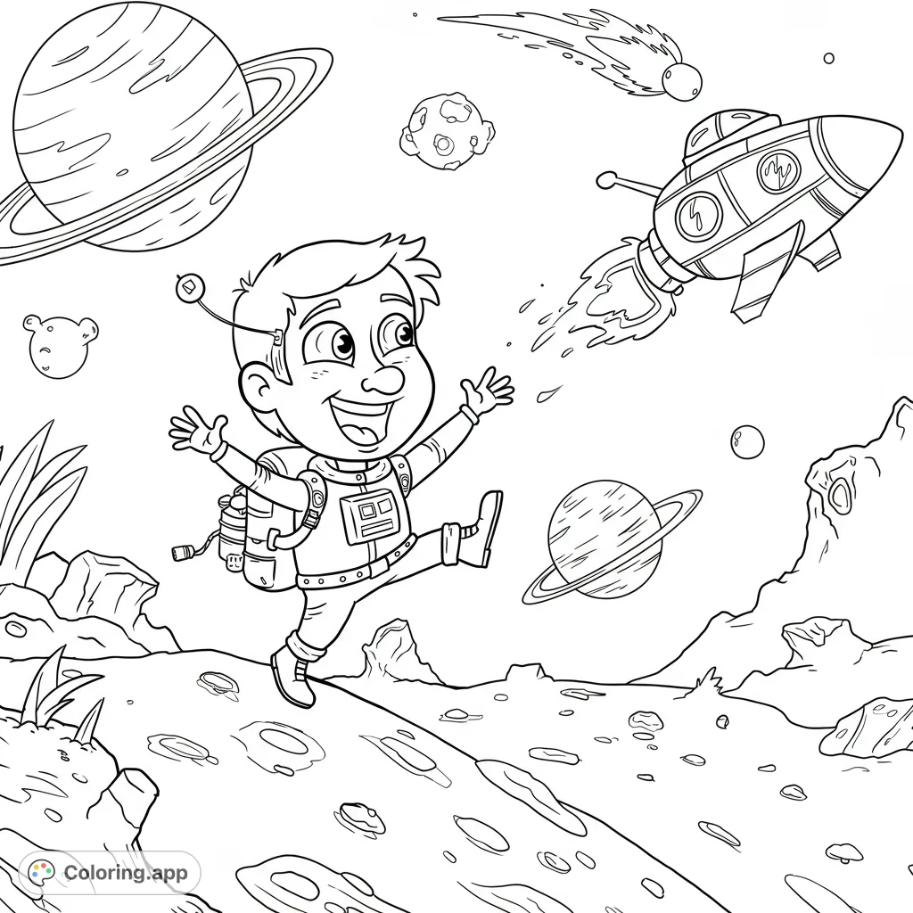 An excited young astronaut explores a cratered alien planet, surrounded by a flying rocket, distant planets, and a streaking comet in space.