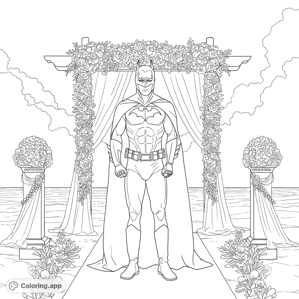 A unique Batman coloring page featuring the Caped Crusader at a floral wedding arch. Perfect for superhero fans and special occasions.