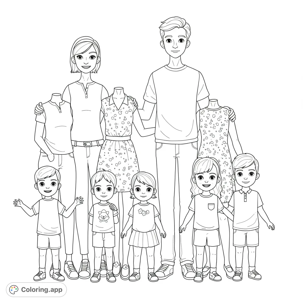 A delightful family fashion coloring page featuring parents, four children, and two mannequins ready for creative fashion coloring fun.