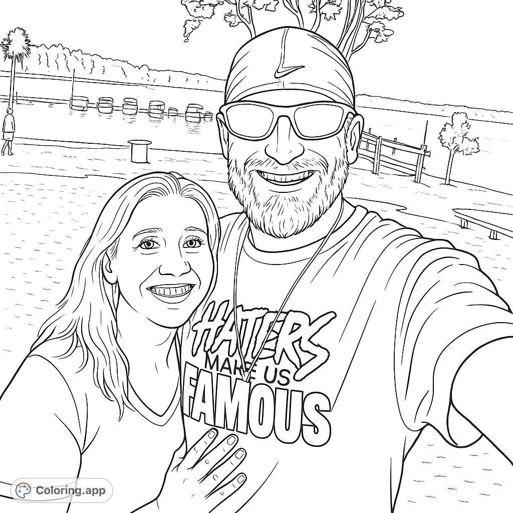 A joyful couple poses for a selfie by a scenic lake, perfect for a personalized portrait coloring page. Features detailed expressions and outdoor elements.