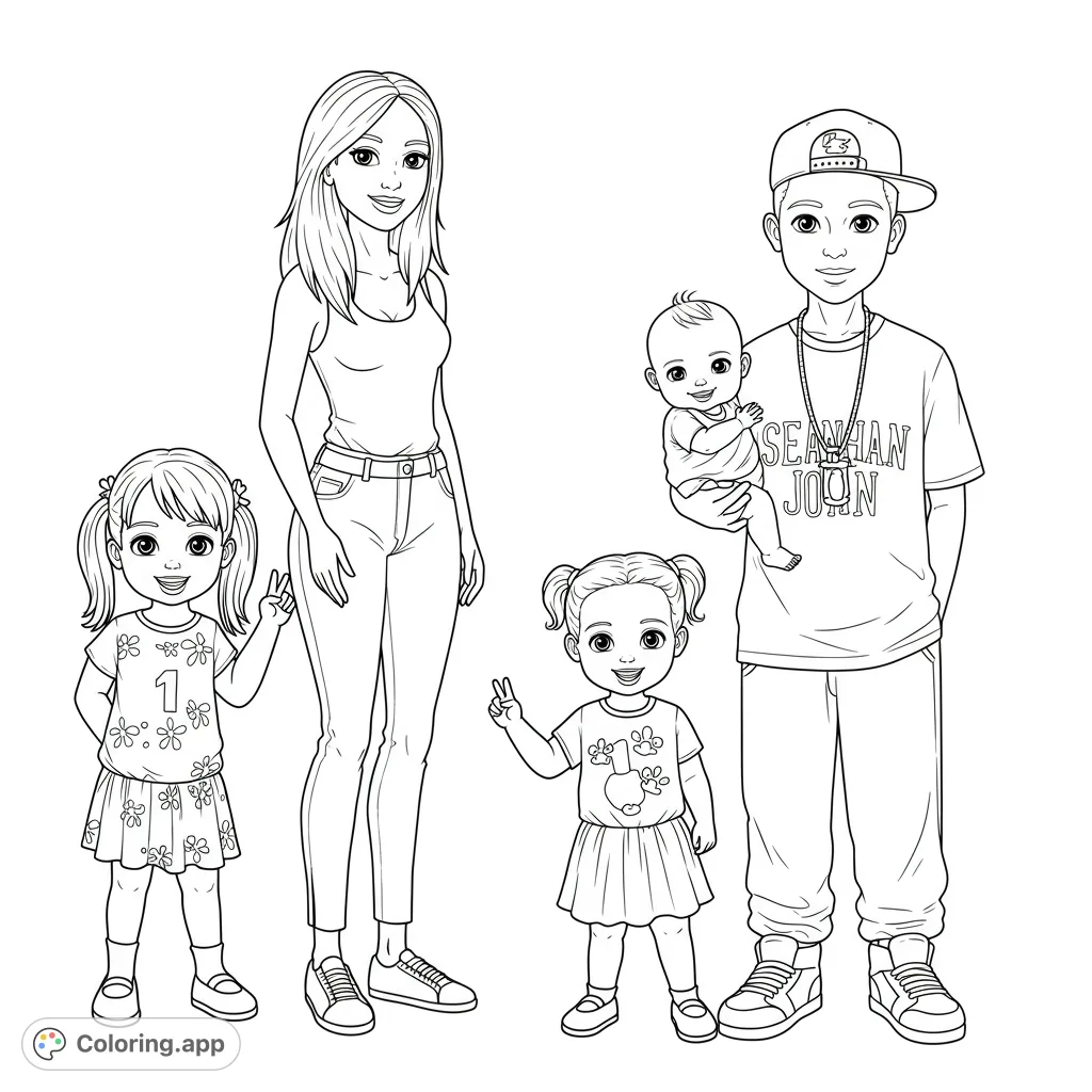 A joyful family of five, including parents, two girls, and a baby, standing together. A heartwarming family coloring page for all ages.