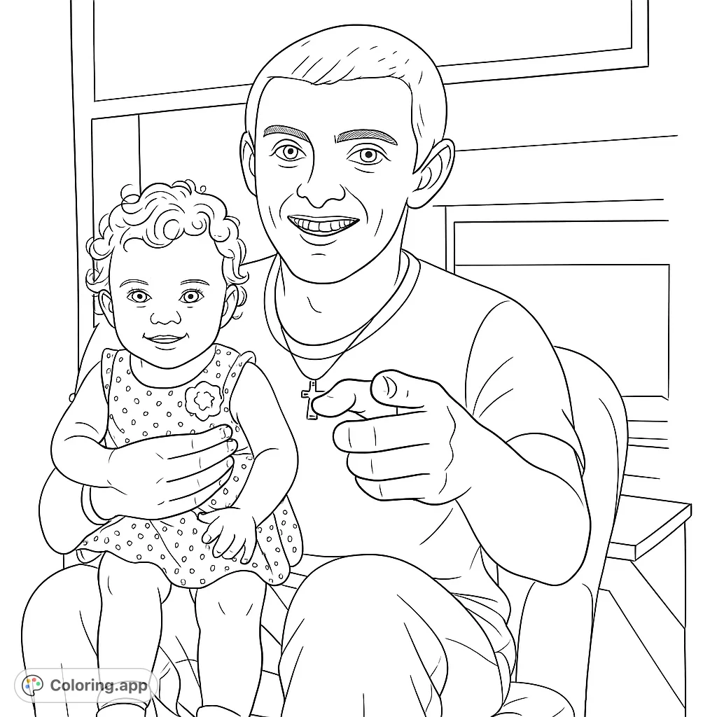 A heartwarming father and baby coloring page, perfect for celebrating family bonds. Features a smiling dad holding his happy baby, ready for your creative colors.