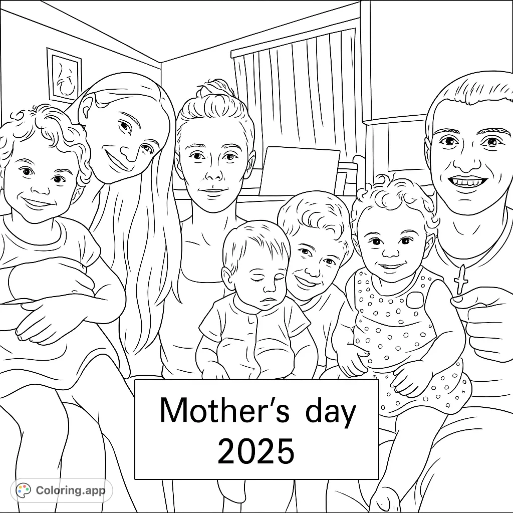 A heartwarming family portrait featuring two adults and five children, perfect for celebrating family bonds. A free printable family coloring page.