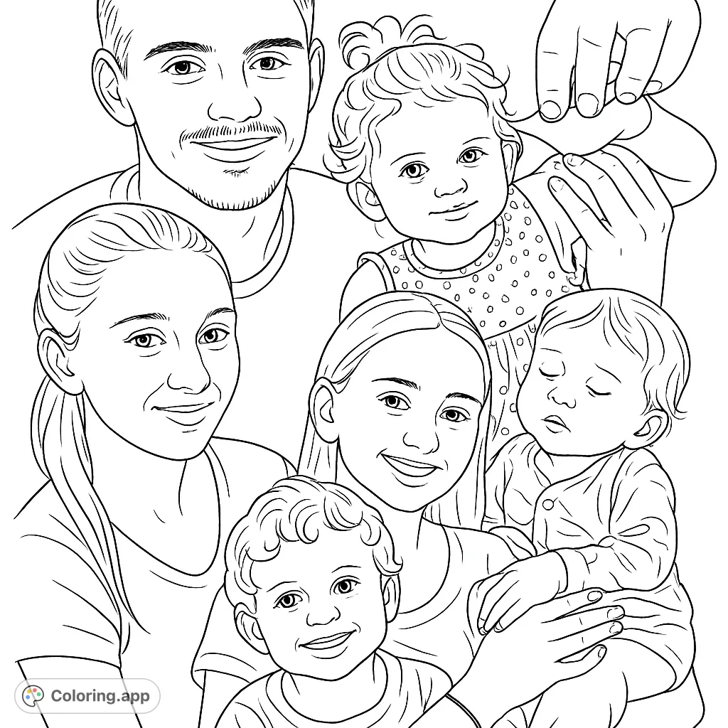 A heartwarming family portrait coloring page featuring a diverse group of smiling adults and adorable children, perfect for celebrating family bonds.