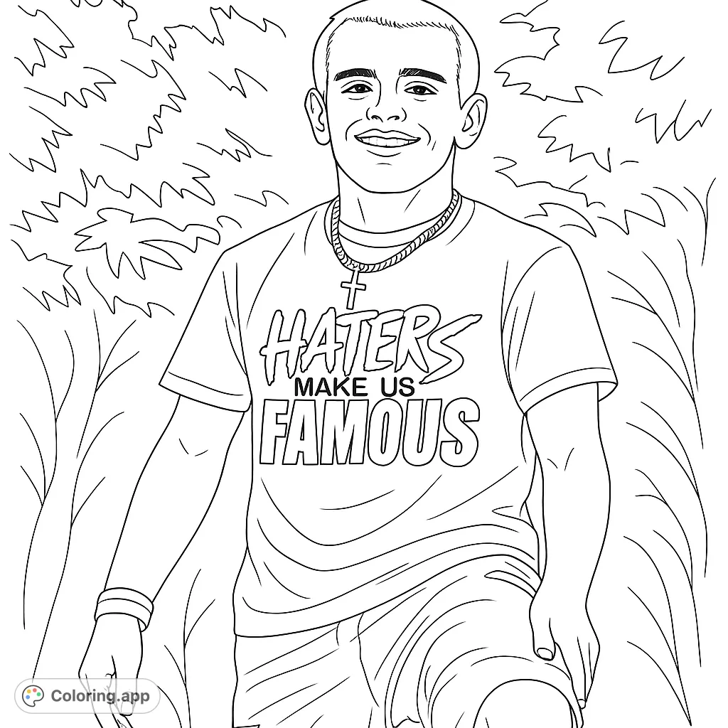 A confident young man with a cross necklace and a bold t-shirt, set against abstract foliage. Perfect for a modern, expressive coloring experience.