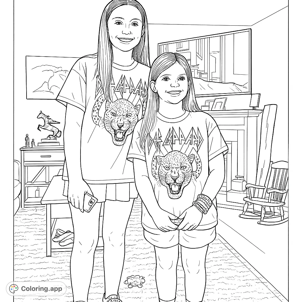 Two smiling girls in leopard print band shirts, standing in a cozy living room, ready for a fun coloring adventure.