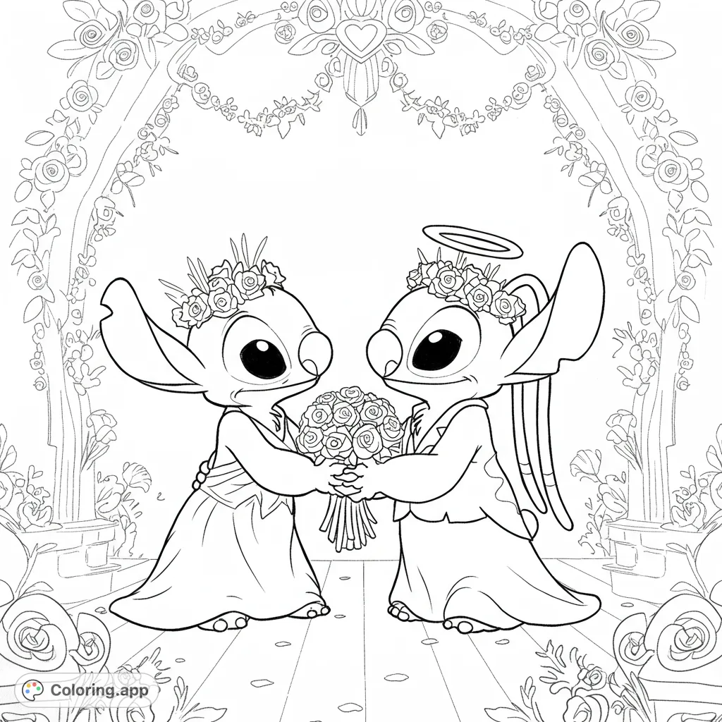 An adorable alien couple in wedding attire under a floral arch, holding a bouquet. A charming free printable alien wedding coloring page for all ages.