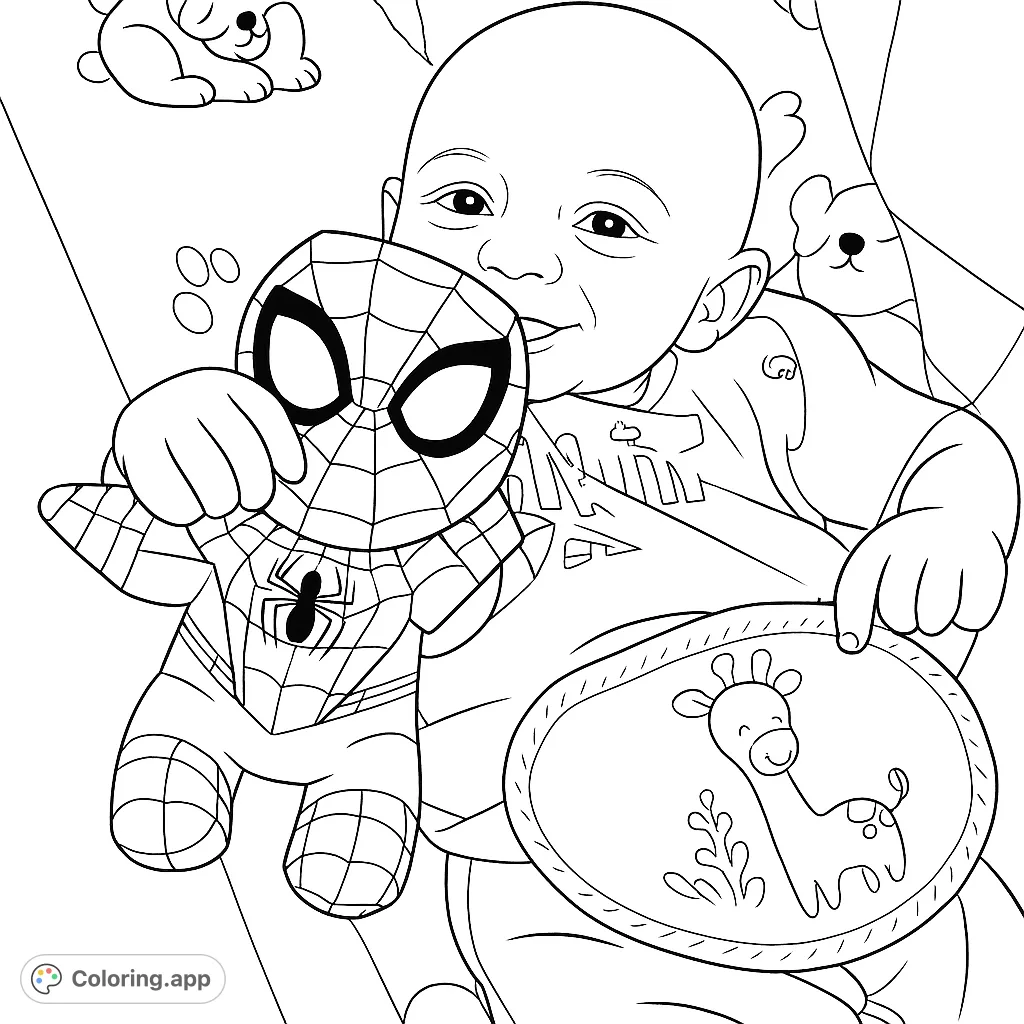 A joyful baby holds a Spider-Man plush and points to a cute giraffe bib, perfect for a fun, free printable baby playtime coloring page.