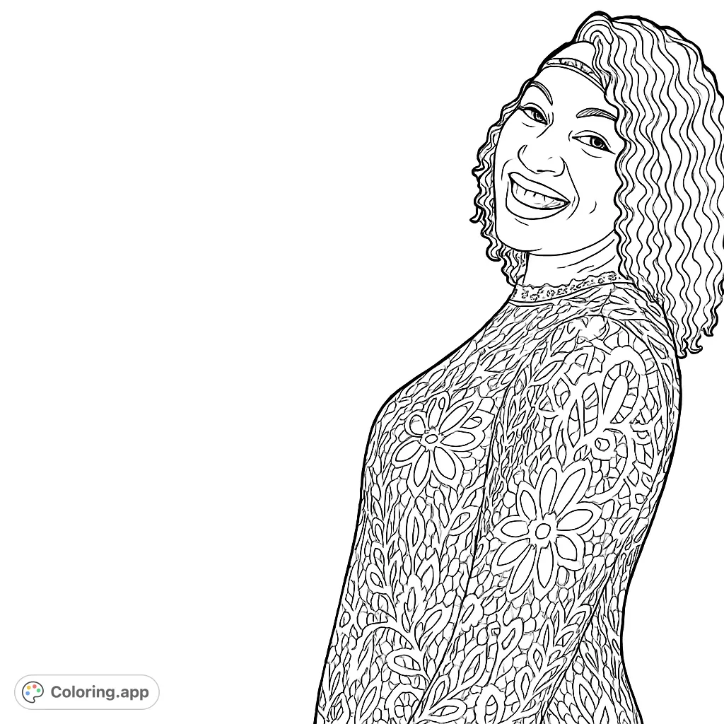 A joyful woman with curly hair and an intricately patterned dress, perfect for detailed coloring. Expressive smile and unique design.