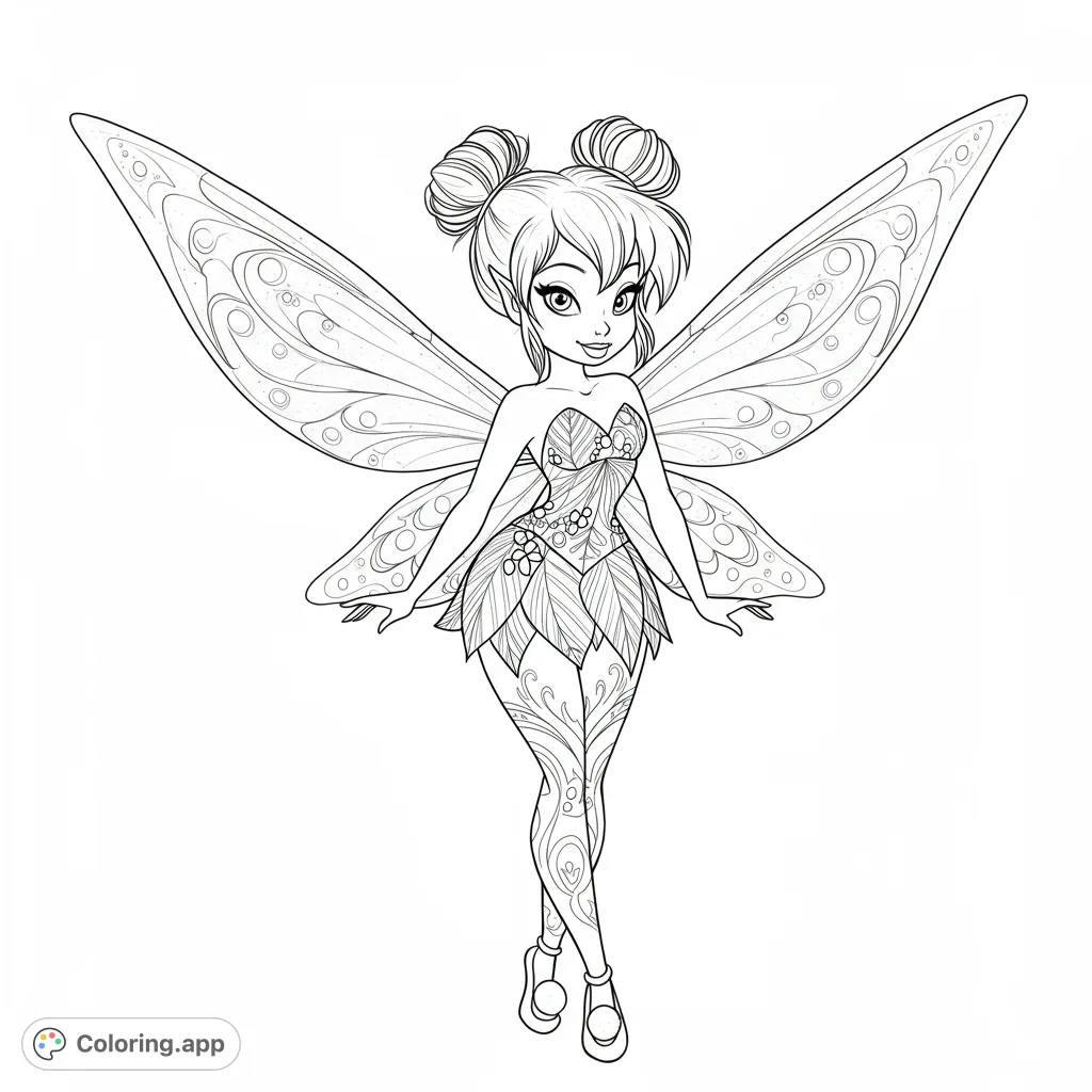 A enchanting fairy with detailed wings and a leaf-inspired outfit, perfect for a magical coloring adventure. Features intricate patterns for a delightful challenge.