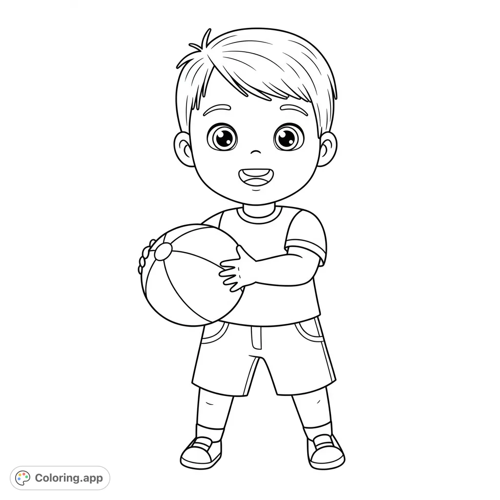 A cheerful boy holding a beach ball, perfect for a fun and simple coloring activity. Ideal for young artists to explore colors and creativity.