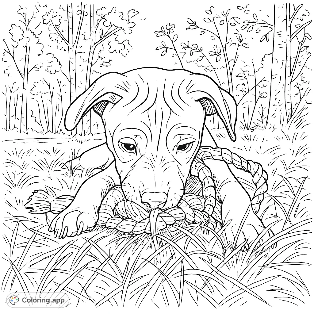 A charming puppy coloring page featuring a cute dog playing with a rope toy in a grassy field, perfect for animal lovers of all ages.